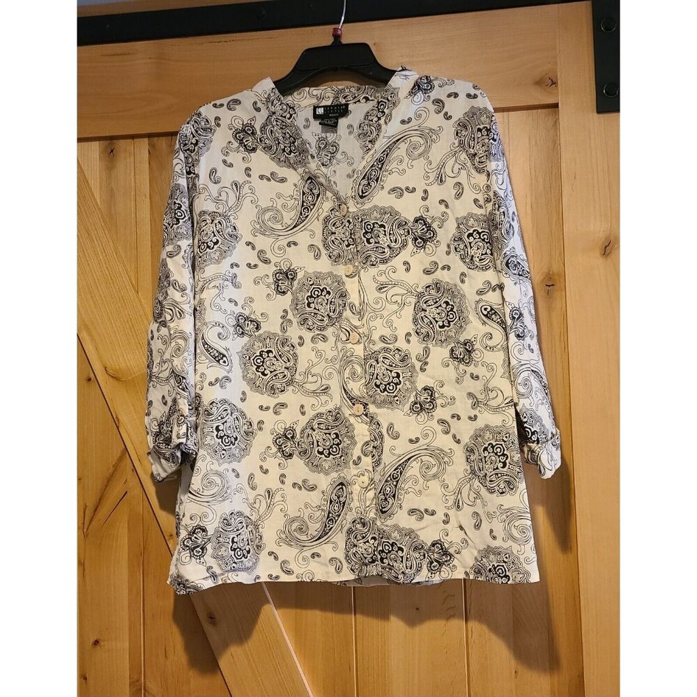 Carole Little Woman Button Up Blouse Size 1X Linen Tunic Paisley Neutral Career